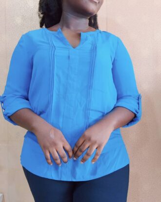 Blue Chiffon Front Detail Turn Up Sleeve Top