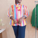 RAINBOW COLORED FRONT TIE PUFFY SLEEVE TOP